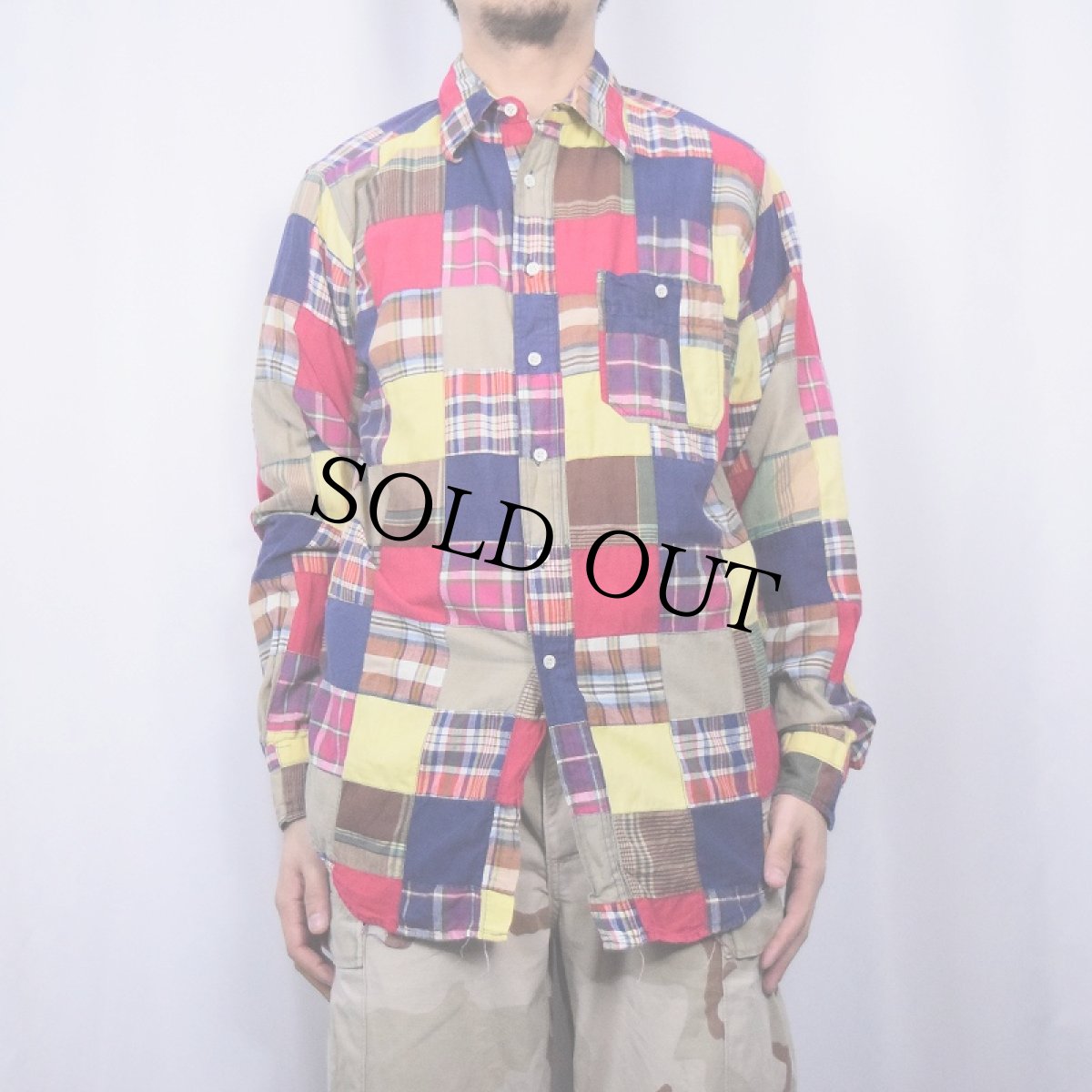 画像2: 80's GANT インディアンマドラスチェック柄 パッチワークシャツ L (2)