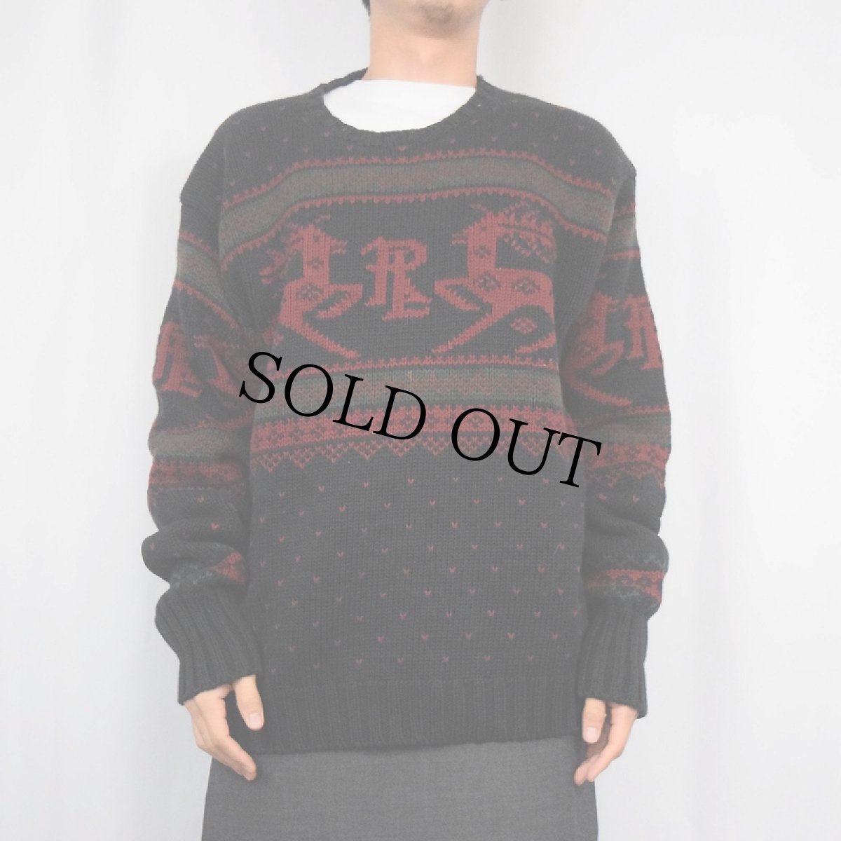画像2: POLO Ralph Lauren バーズアイ×ノルディック柄 コットンニットセーター BLACK XL (2)