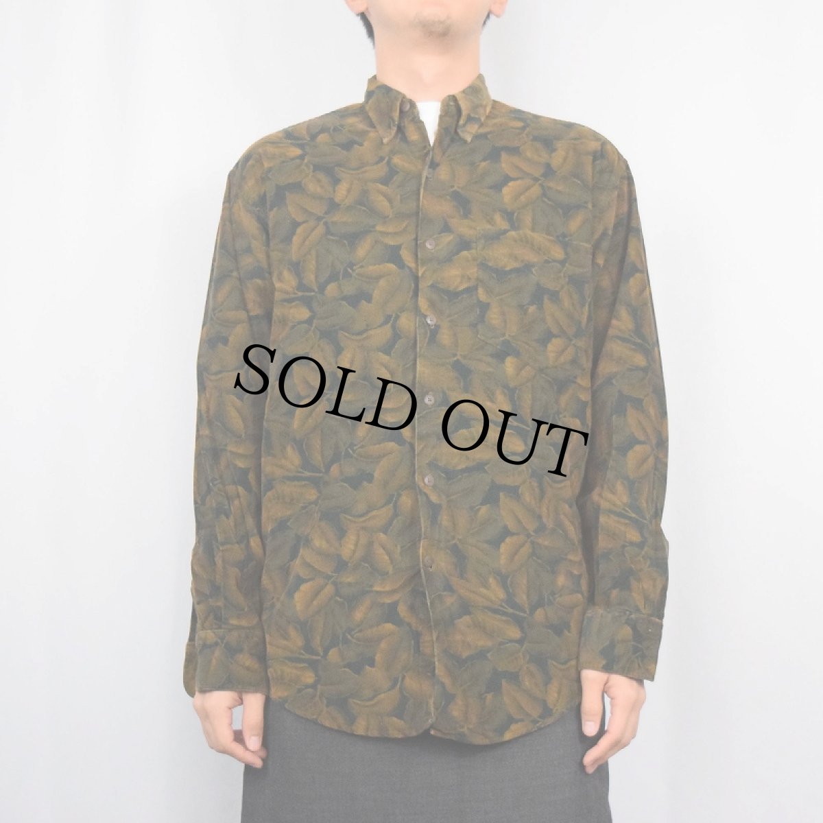 画像2: 90's GAP リーフ柄 コーデュロイ ボタンダウンシャツ GREEN S (2)