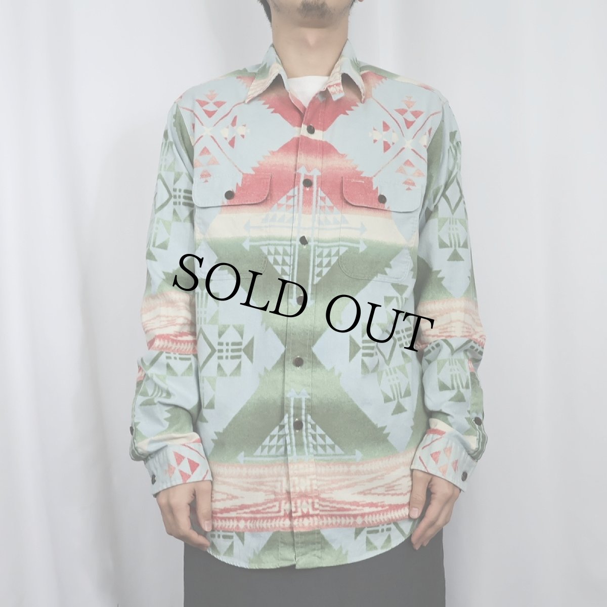 画像2: POLO Ralph Lauren チンスト付き ネイティブ柄 コットンシャツ L (2)