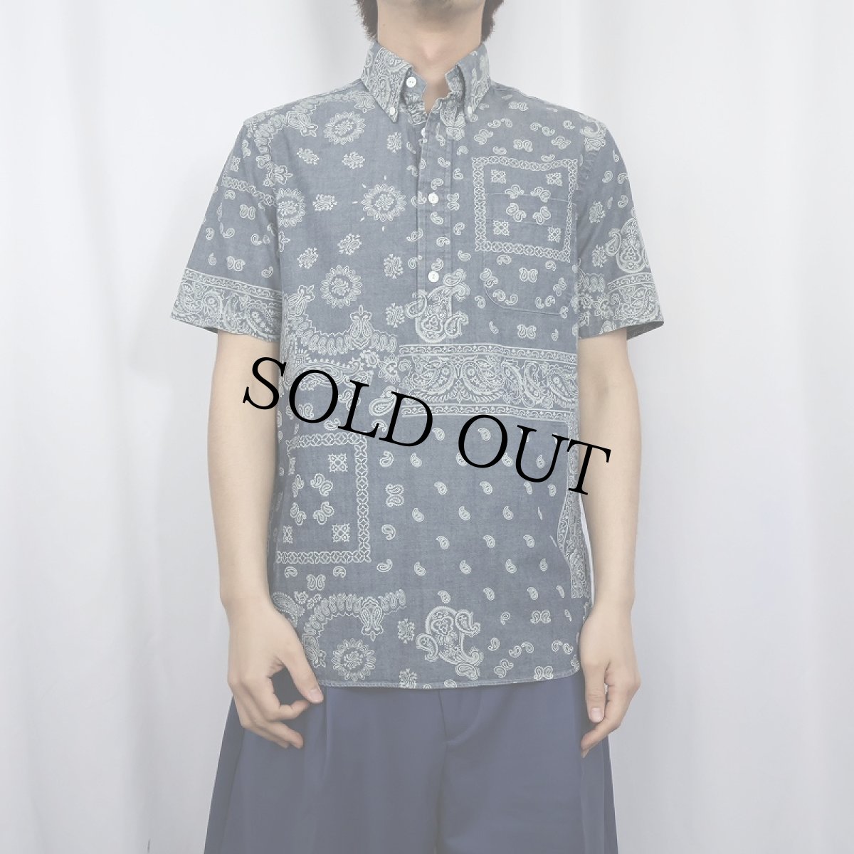 画像2: Ralph Lauren ペイズリー柄 インディゴ染め コットンボタンダウンシャツ S (2)