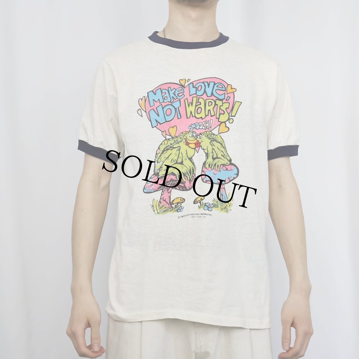 画像2: 80's AMERICAN GREETINGS CORPORATION "Make Love, Not Warts!" パロディプリント リンガーＴシャツ L (2)