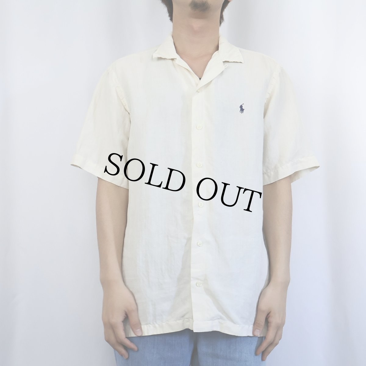 画像2: POLO Ralph Lauren ヘリンボーンツイル リネン×シルク オープンカラーシャツ M (2)