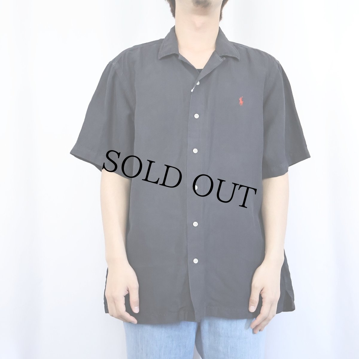 画像2: POLO Ralph Lauren ヘリンボーンツイル リネン×シルク オープンカラーシャツ BLACK L (2)