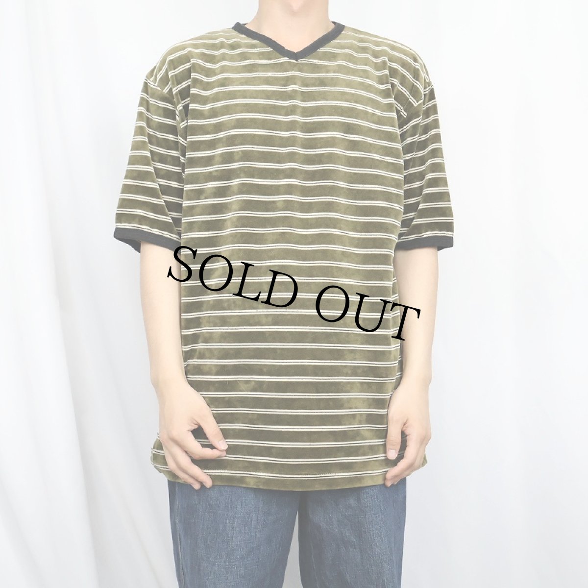 画像2: bsw ボーダー柄 Vネック ベロアTシャツ XL (2)