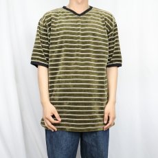 画像2: bsw ボーダー柄 Vネック ベロアTシャツ XL (2)