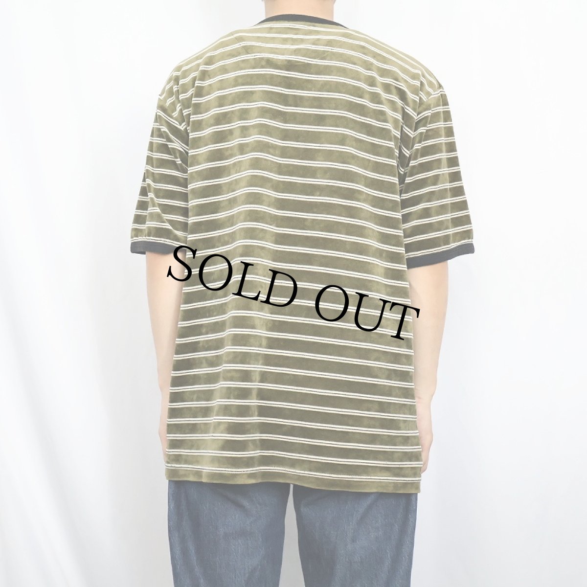 画像3: bsw ボーダー柄 Vネック ベロアTシャツ XL (3)