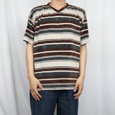 画像2: R.I. ボーダー柄 Vネック ベロアTシャツ L (2)