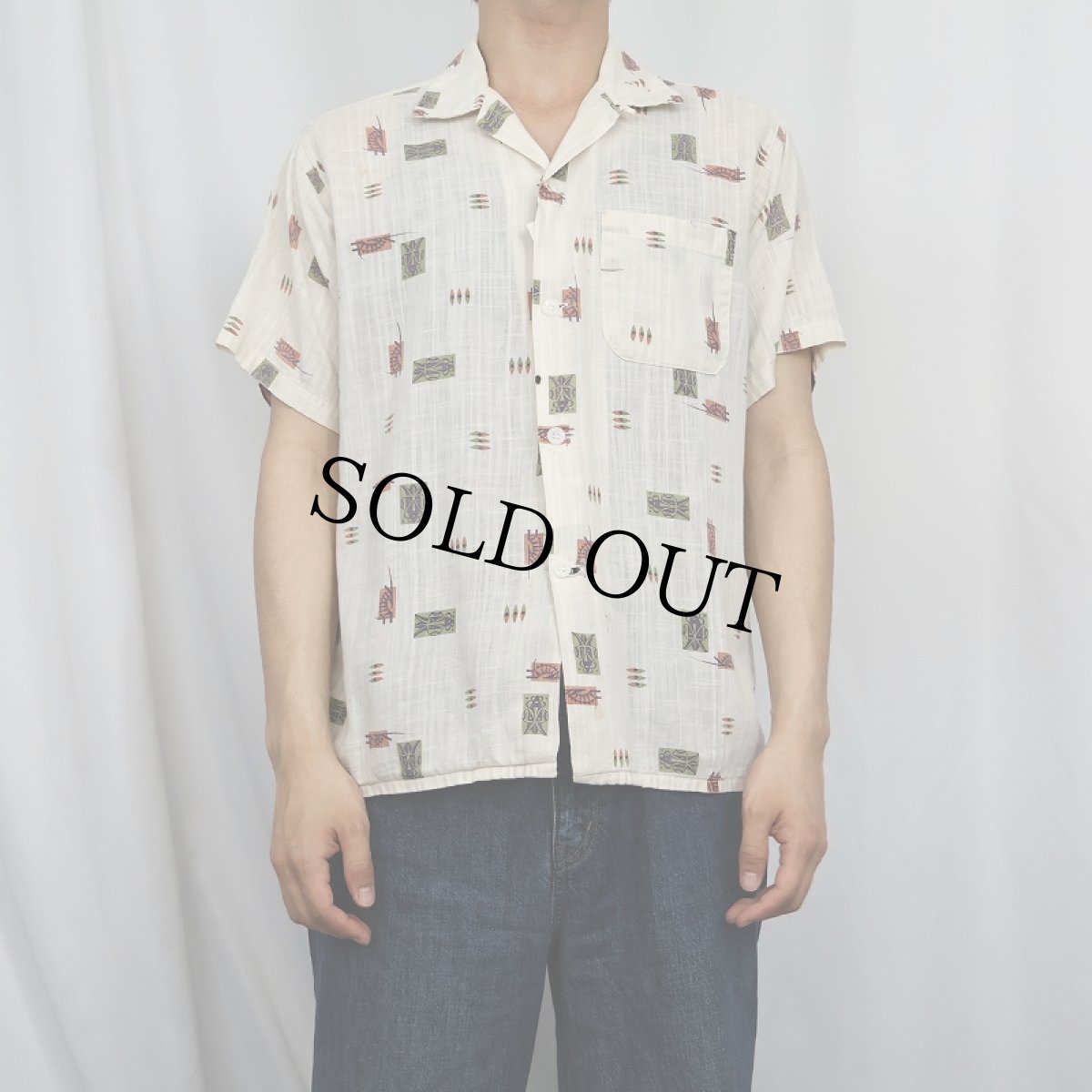 画像2: 50's UNKNOWN ネイティブ柄 コットンオープンカラーシャツ (2)