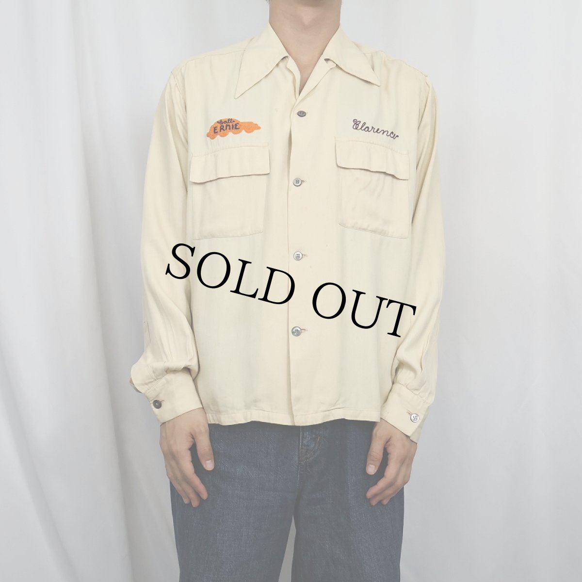 画像3: 40's Cranbrook "ERNIE MUELLER AUTO SERVICE" チェーン刺繍 レーヨンオープンカラーシャツ M (3)