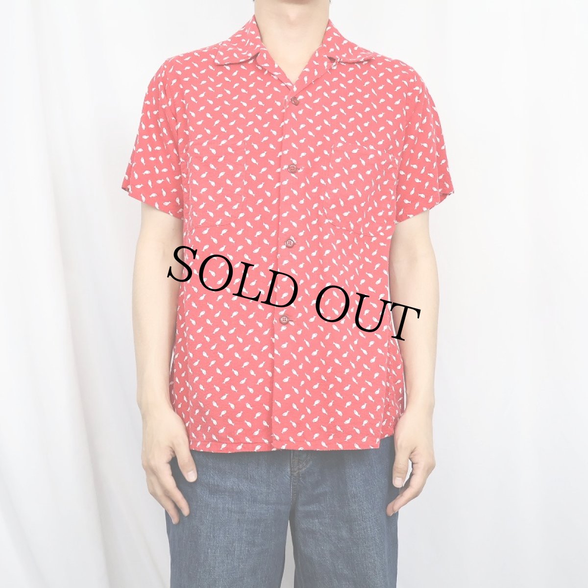 画像2: 50's〜 PENNEY'S 魚柄 コットンシアサッカー オープンカラーシャツ S (2)