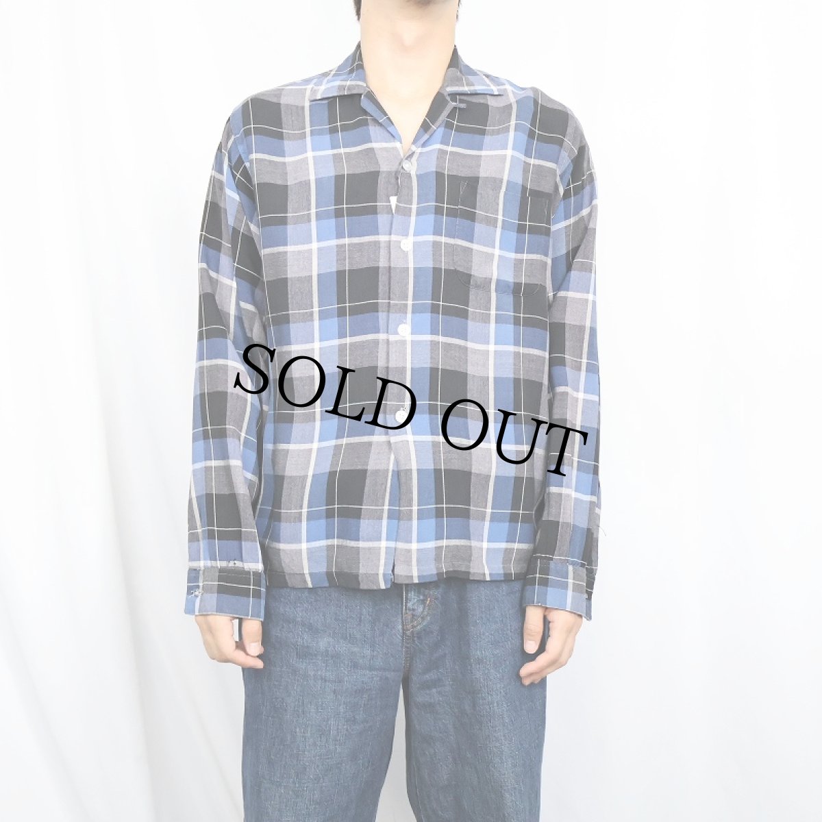 画像2: 60's UNKNOWN チェック柄 レーヨンオープンカラーシャツ (2)