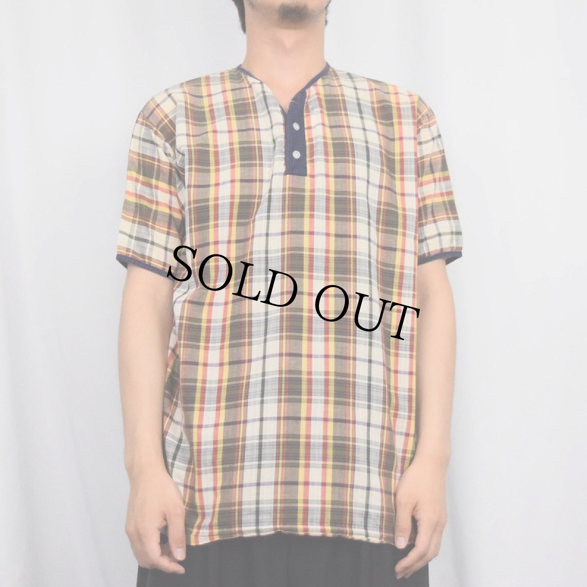 画像2: 〜60's マドラスチェック柄 ヘンリーネック コットンプルオーバーシャツ (2)