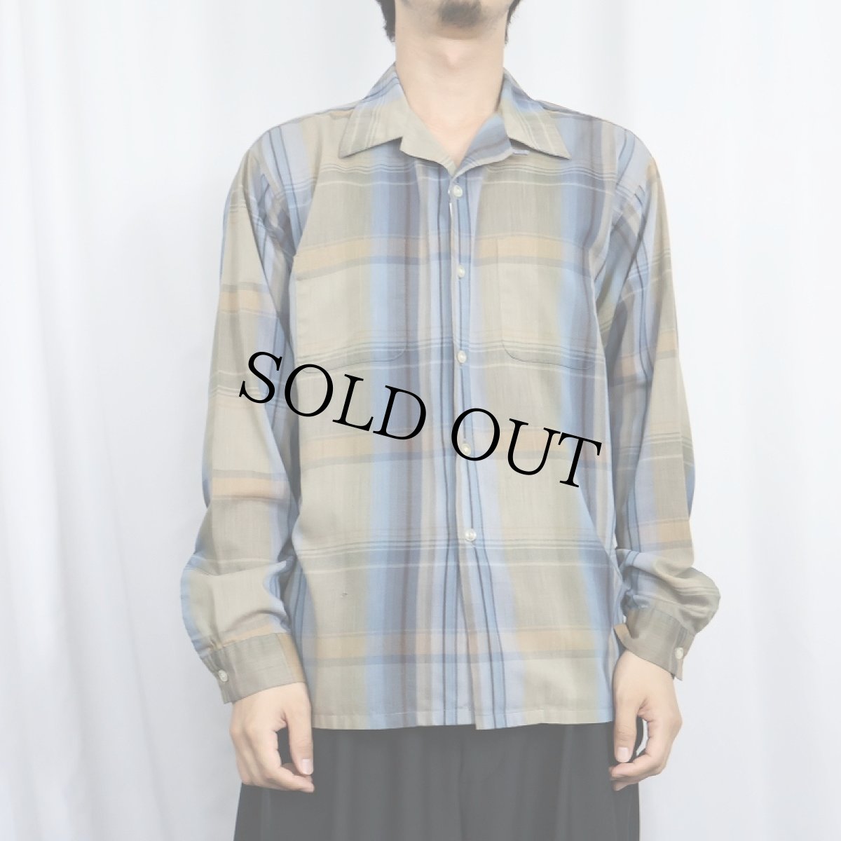 画像2: 80's チェック柄 オープンカラーシャツ L (2)