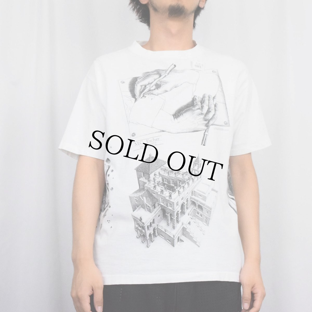 画像3: 90's M.C.Escher USA製 騙し絵アート マルチプリントTシャツ L (3)