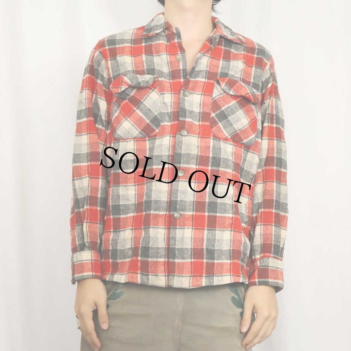 画像2: 50's PENDLETON チェック柄 ウールオープンカラーシャツ M (2)