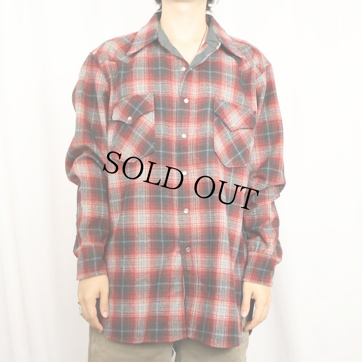 画像2: 70's PENDLETON オンブレーチェック柄 ウールウエスタンシャツ L (2)