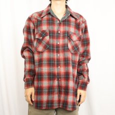 画像2: 70's PENDLETON オンブレーチェック柄 ウールウエスタンシャツ L (2)