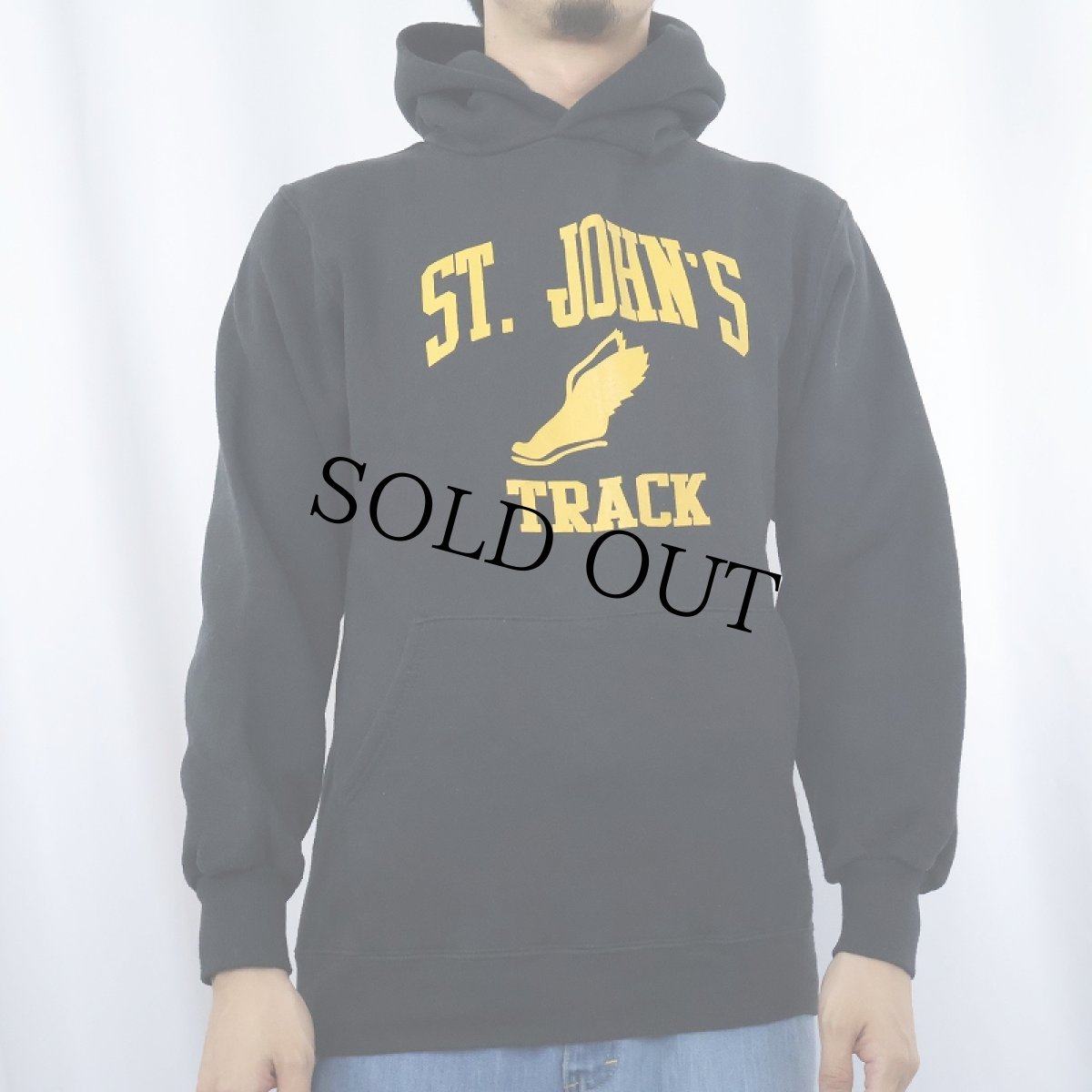 画像2: 90's RUSSELL ATHLETIC USA製 "ST. JOHN'S TRACK" ウイングフットプリントスウェットフーディー BLACK M (2)