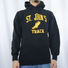 画像2: 90's RUSSELL ATHLETIC USA製 "ST. JOHN'S TRACK" ウイングフットプリントスウェットフーディー BLACK M (2)