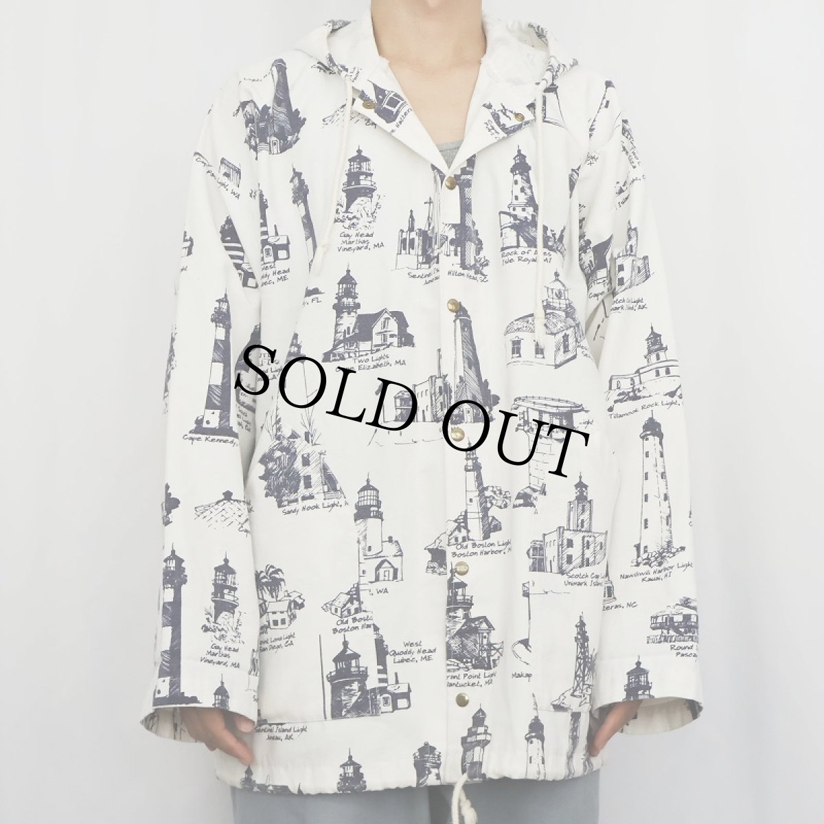 画像2: 90's MICHIGAN RAG CO. USA製 ライトハウス柄 コットンポリ プリントパーカー M (2)