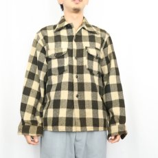 画像2: 50's 猫目ボタン ブロックチェック柄 ウールシャツ M (2)