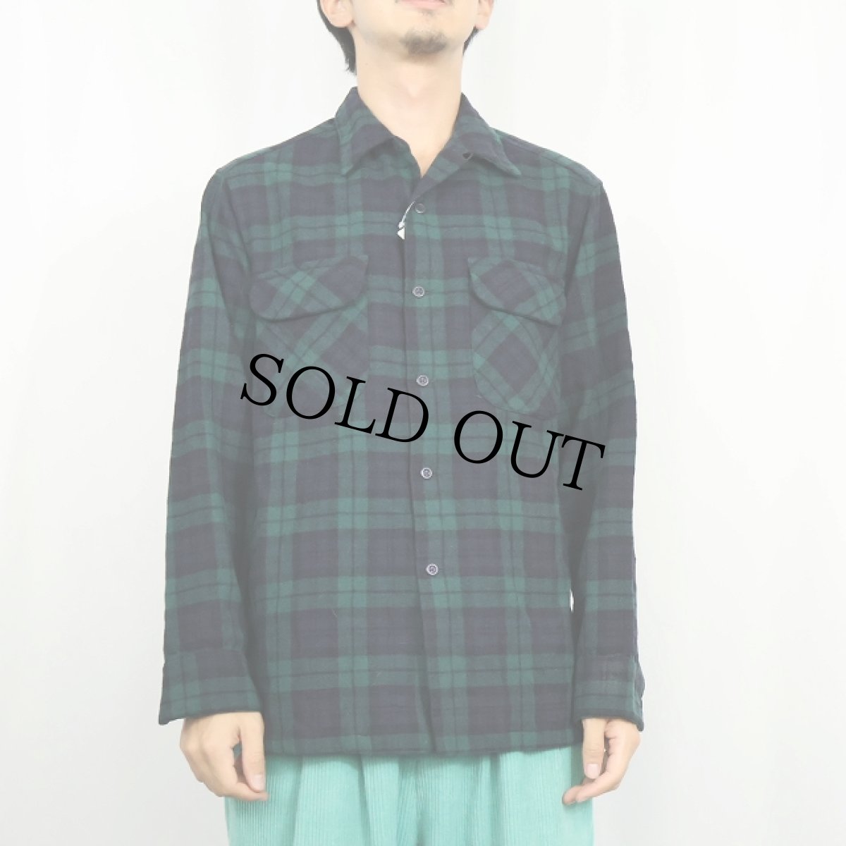 画像2: 70's PENDLETON USA製 ブラックウォッチチェック柄 ウールオープンカラーシャツ M (2)