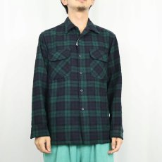 画像2: 70's PENDLETON USA製 ブラックウォッチチェック柄 ウールオープンカラーシャツ M (2)