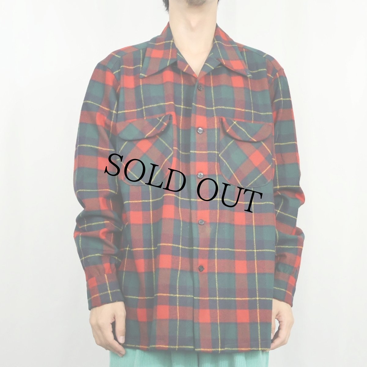 画像2: 70's PENDLETON USA製 チェック柄 ウールオープンカラーシャツ L (2)