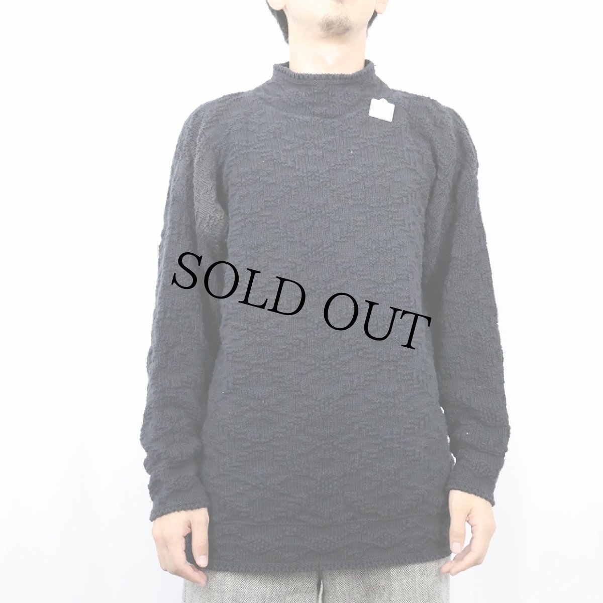 画像2: 90's WHITE STAG USA製 柄編み モックネック コットンニットセーター BLACK M (2)