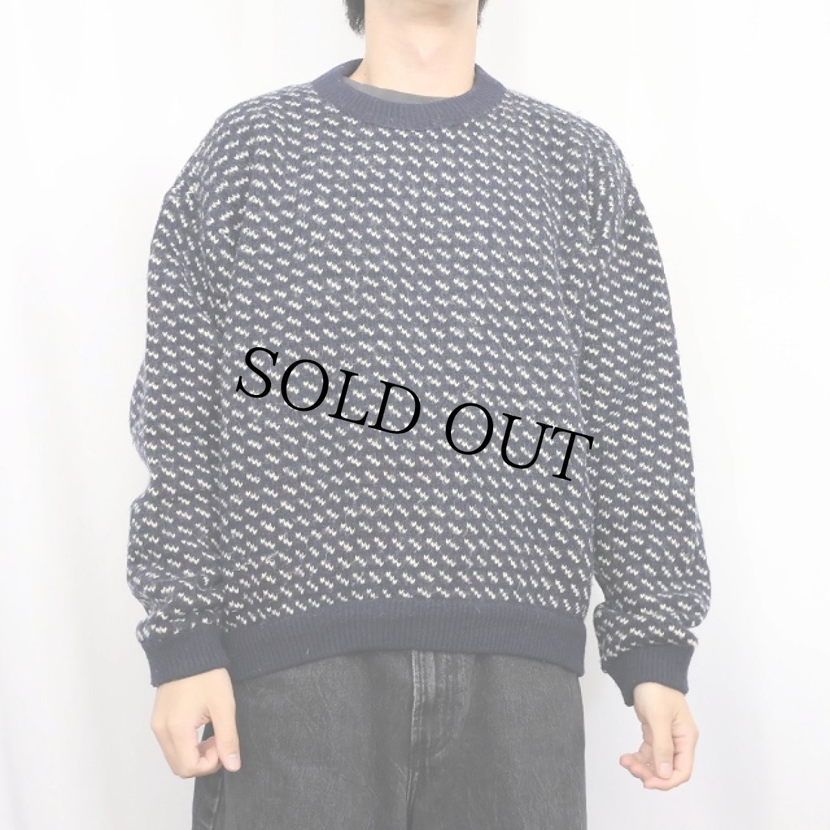 画像2: 80〜90's Roots バーズアイ柄 ウールニットセーター NAVY XL (2)