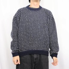 画像2: 80〜90's Roots バーズアイ柄 ウールニットセーター NAVY XL (2)