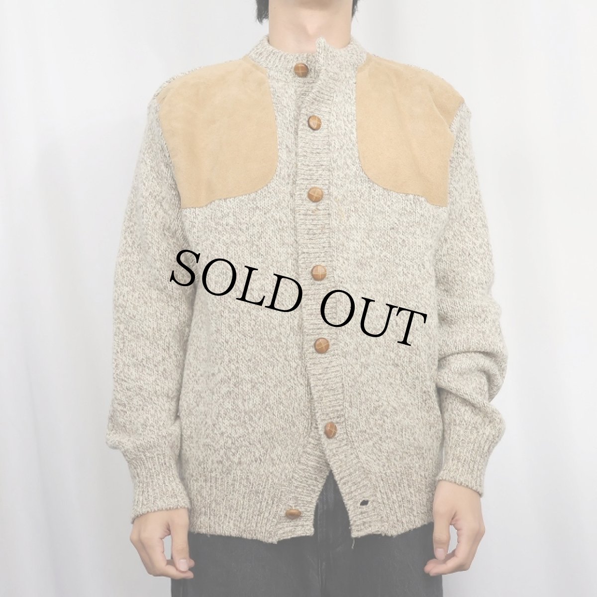 画像3: 90's Cabela's スエードレザーパッチ付き ウールニットセーター L (3)