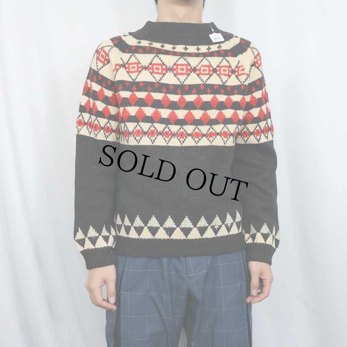 画像2: 〜60's ノルディック柄 モックネック ウールニットセーター CHARCOAL GRAY (2)
