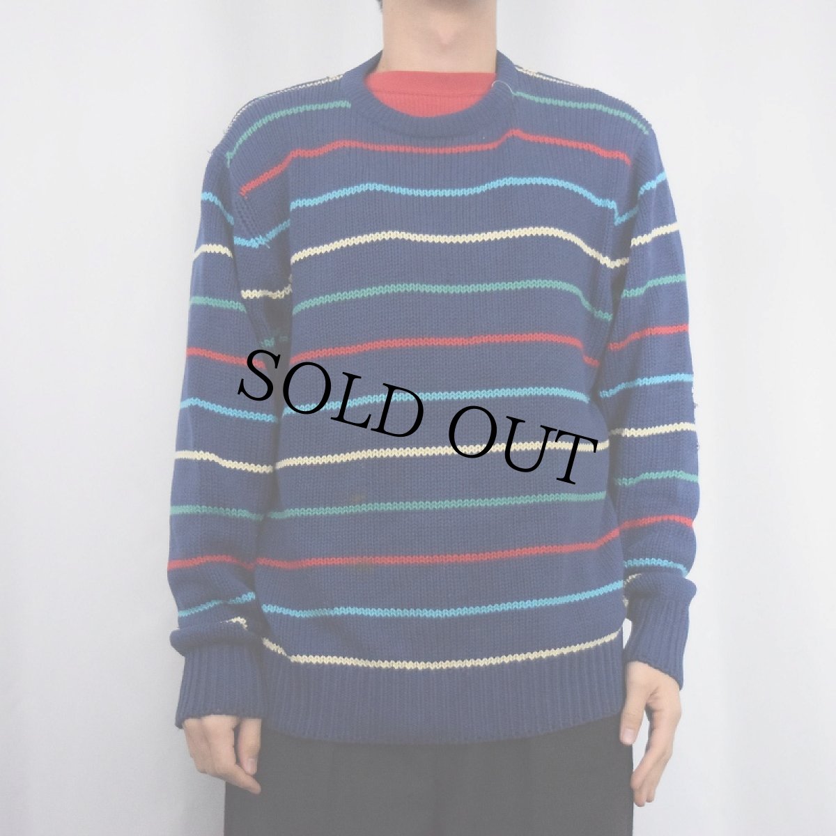 画像2: 【SALE】 70〜80's Eddie Bauer ボーダー柄 コットンニットセーター NAVY XL (2)