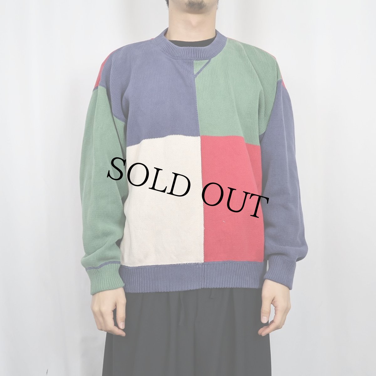 画像2: 80〜90's Eddie Bauer パネル切り替え コットンニットセーター L (2)