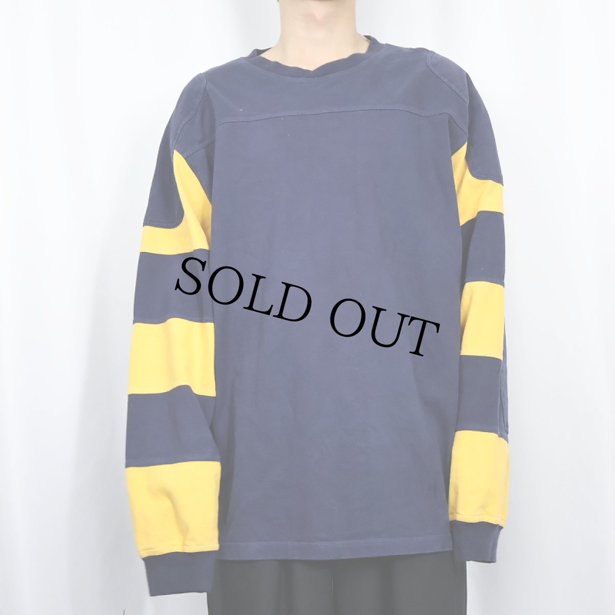 画像2: ORVIS ボーダー柄 エルボーパッチ付き フットボールロンT NAVY L (2)