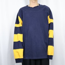 画像2: ORVIS ボーダー柄 エルボーパッチ付き フットボールロンT NAVY L (2)