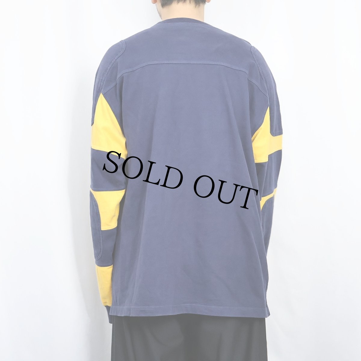 画像3: ORVIS ボーダー柄 エルボーパッチ付き フットボールロンT NAVY L (3)