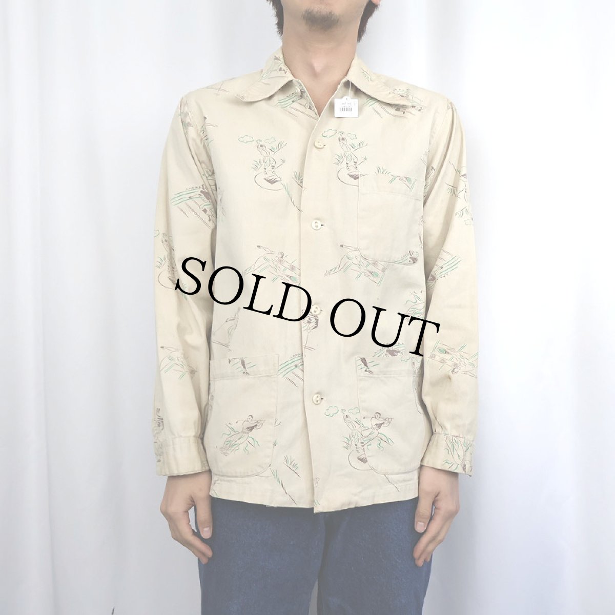 画像2: 40〜50's LION SPORTSWEAR スポーツ柄 コットンシャツ 14-14 1/2 (2)