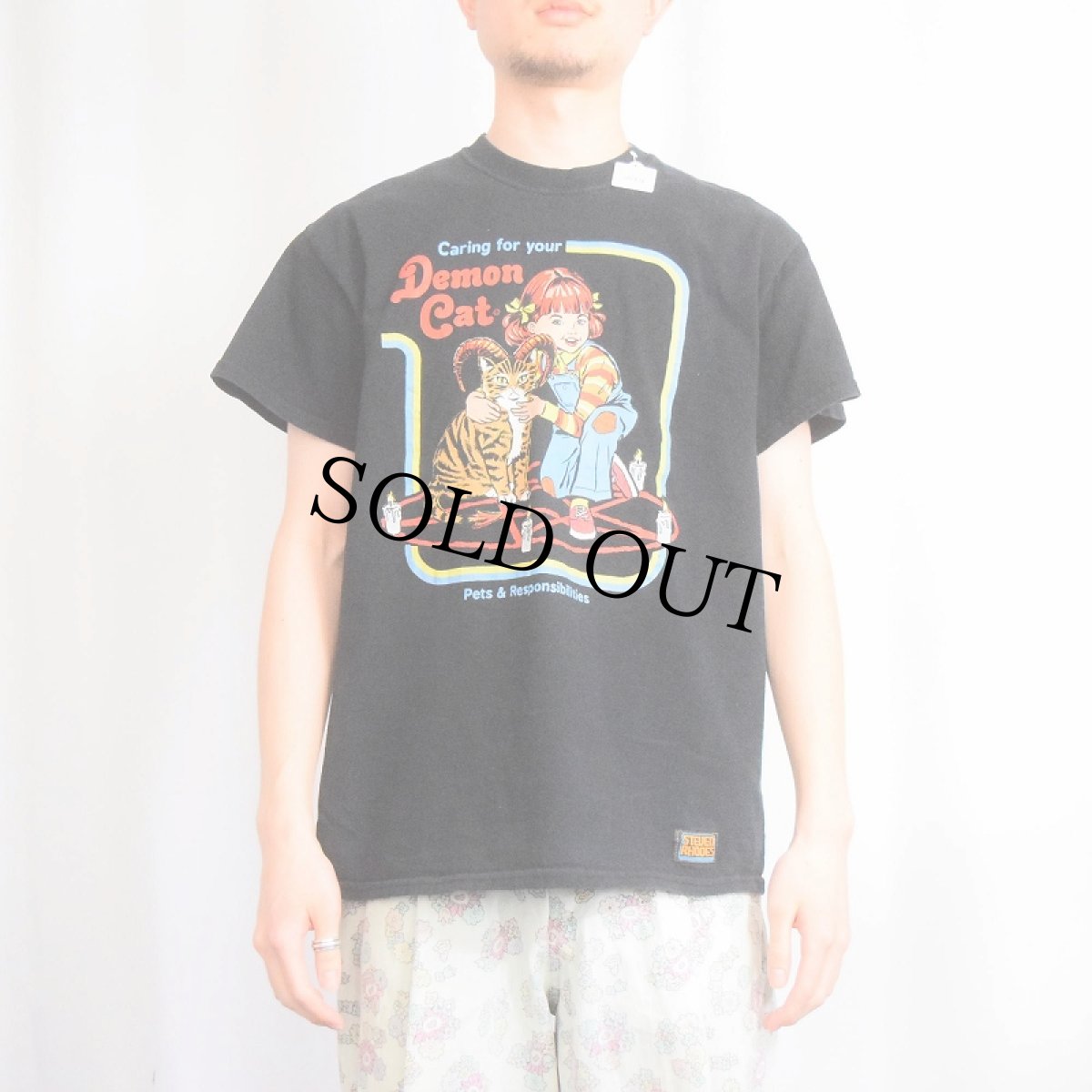 画像2: Steven Rhodes "Demon Cat" イラストプリントTシャツ BLACK M (2)