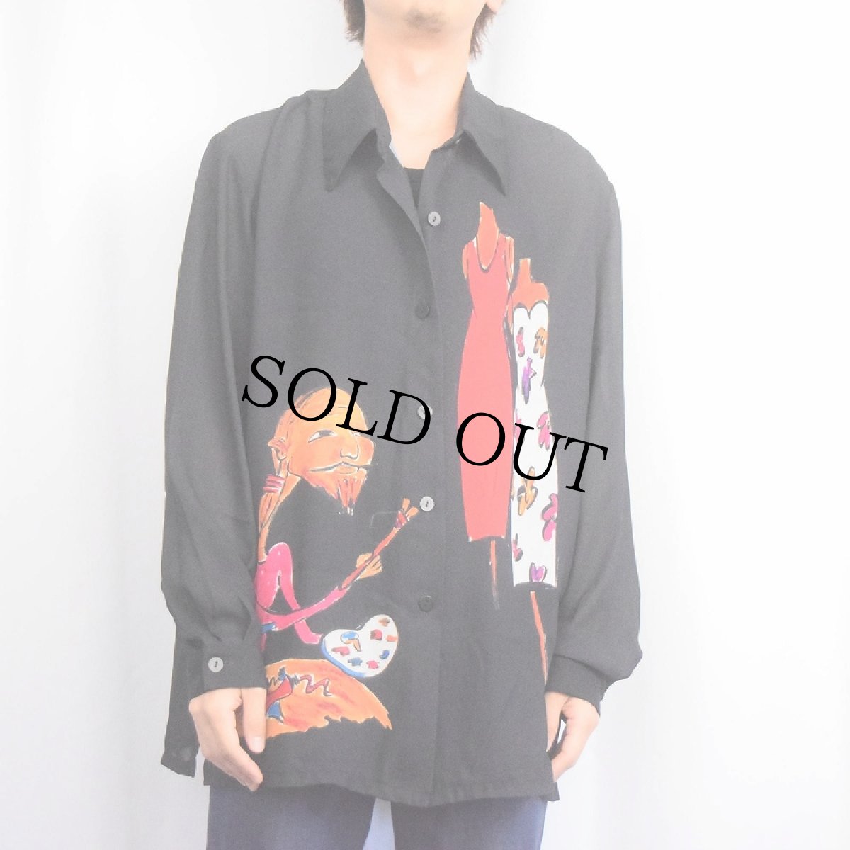 画像2: 80〜90's Lisa Mia USA製 アート柄 ポリエステルシャツ BLACK XL (2)