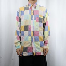 画像2: 90's ORVIS パッチワークデザイン コットンボタンダウンシャツ M (2)