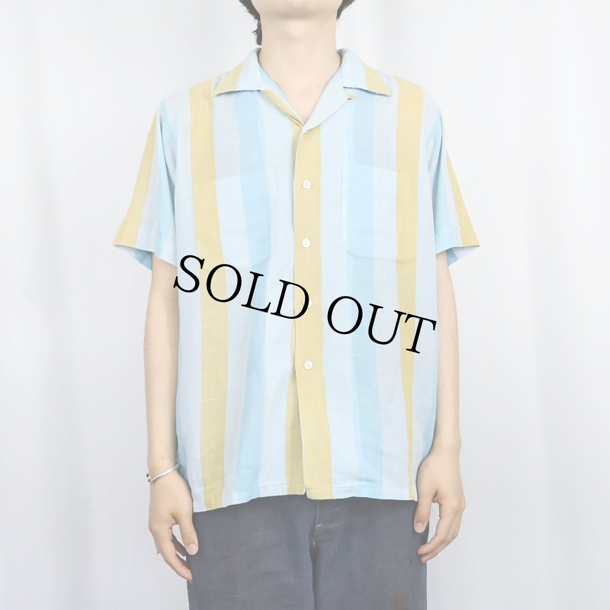 画像2: 60〜70's Donegal ストライプ柄 ポリエステル オープンカラーシャツ M (2)