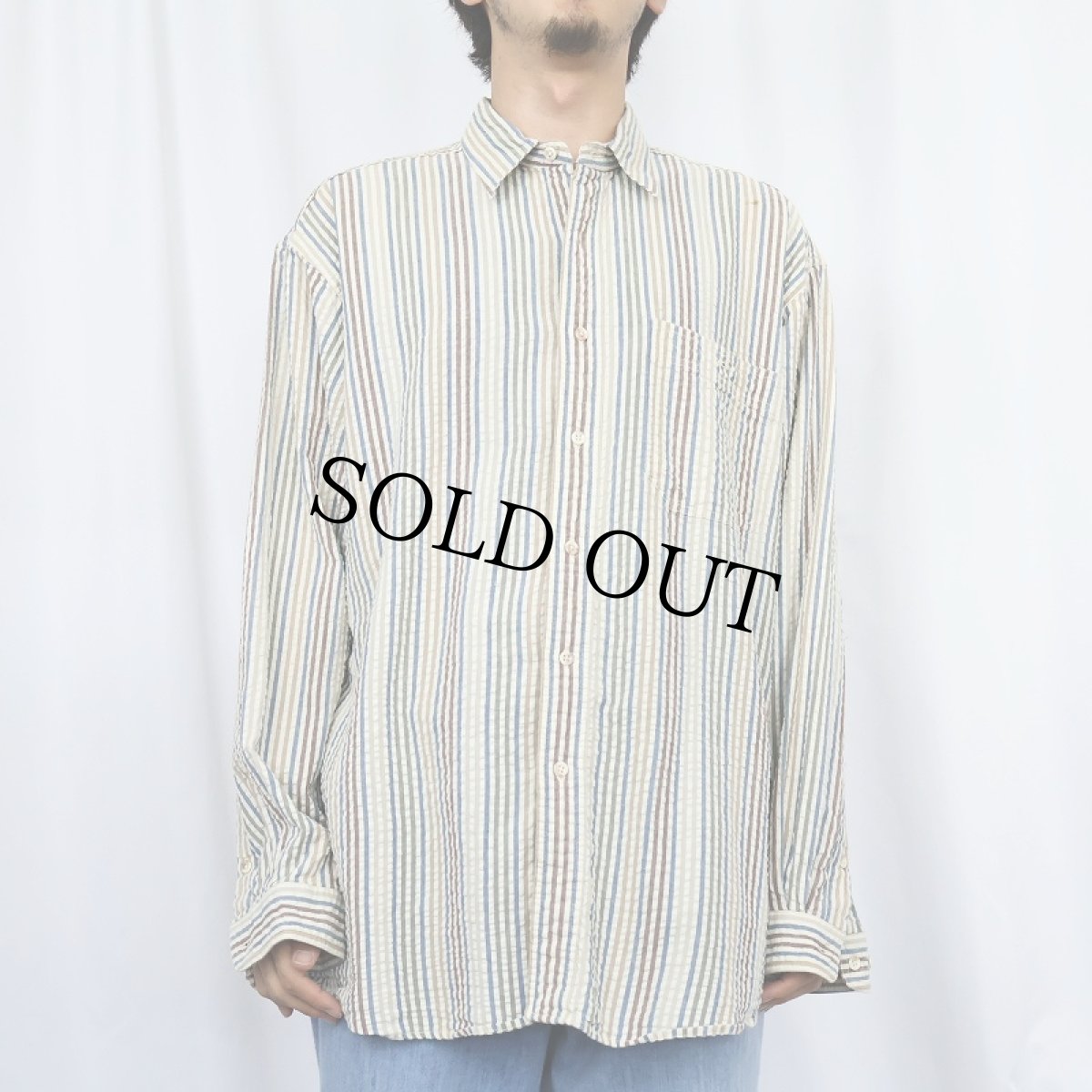 画像2: 90's〜 ORVIS ストライプ柄 シアサッカーシャツ L (2)