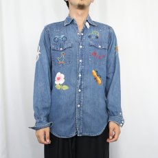 画像6: 60〜70's ハンド刺繍 デニムウエスタンシャツ (6)
