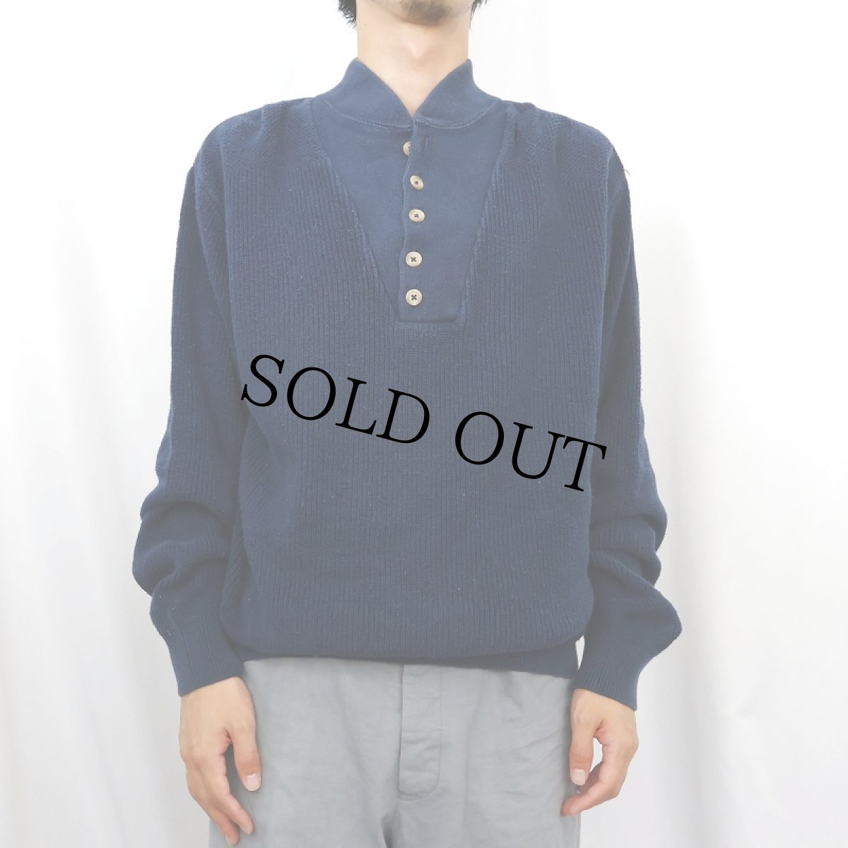 画像2: 80〜90's L.L.Bean USA製 ヘンリーネック コットンニットセーター NAVY L (2)