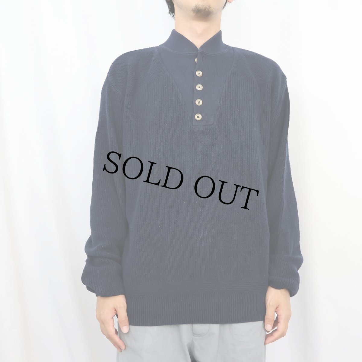 画像2: 80's L.L.Bean USA製 ヘンリーネック コットンニットセーター NAVY M (2)