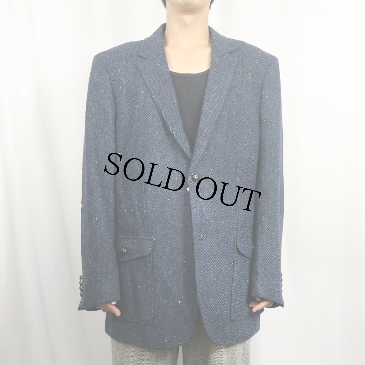 画像2: CELTIC TWEED エルボーパッチ付き カラーネップ混 ウールツイードジャケット NAVY SIZE44 (2)