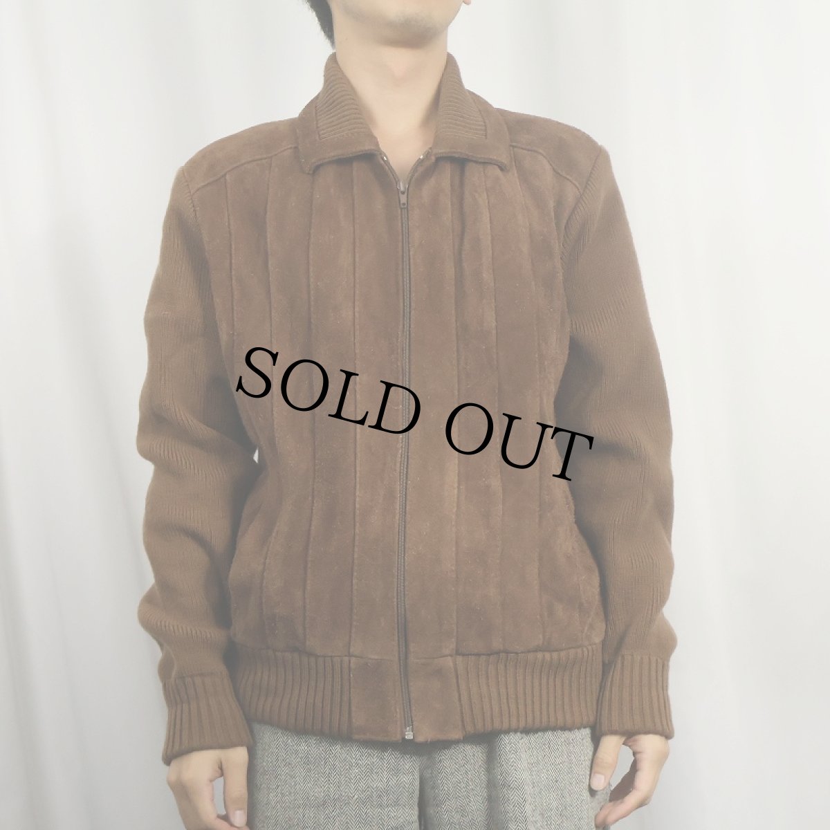 画像2: 80's Repage ニット切り替え スエードレザージャケット L (2)